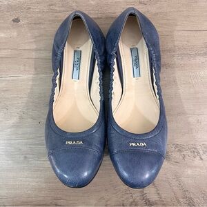 Prada Leather Scrunch Ballet Flats 9.5 Navy Blue 39.5 Made In Italy